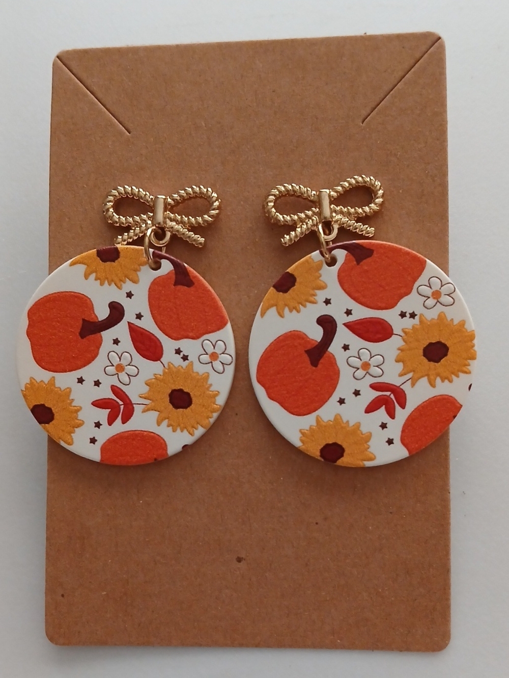 Gold Bow Orange Pumpkin & Sunflower Drop Earrings - Women Accessories